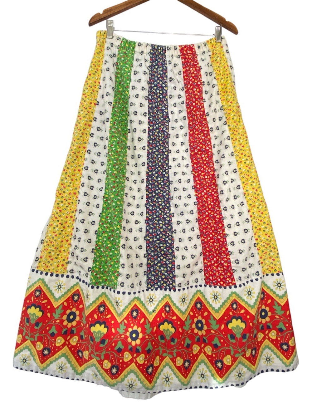 Vintage Hippie 70s Striped Floral Maxi Skirt in Yellow, Green, Navy, Red, Cream